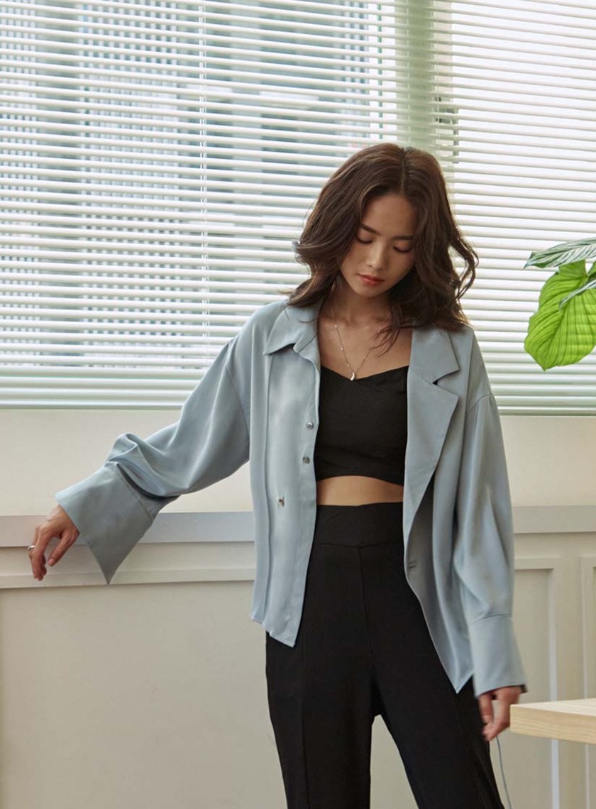 不對稱領細綁帶長袖襯衫